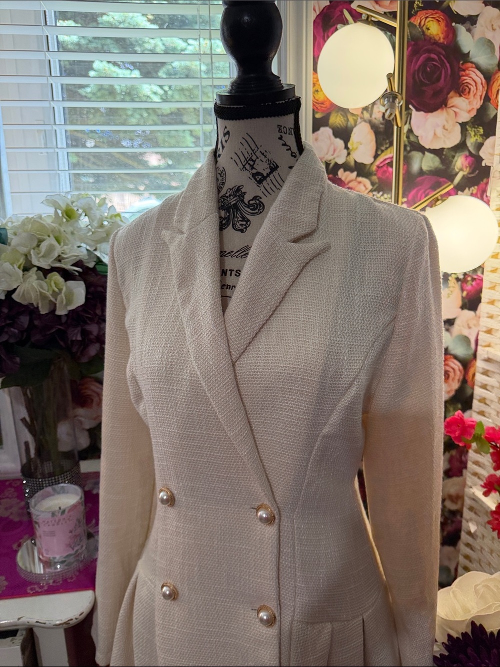 Women’s Cream Double-Breasted Midi Dress Coat